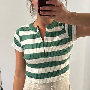 Daisy Green and White Striped Ribbed Top